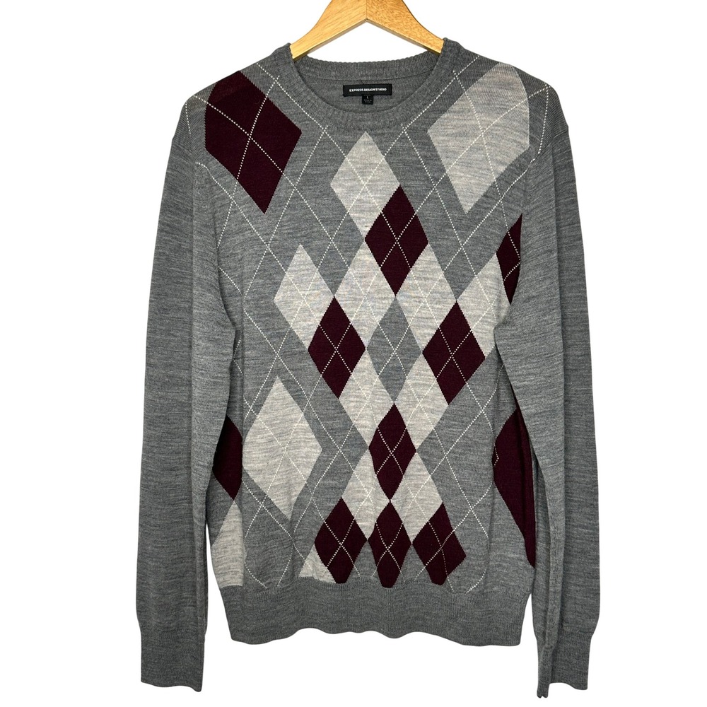 Express Sweater Argyle Merino Wool Crew Neck Pullover Size L Gray Preppy Work